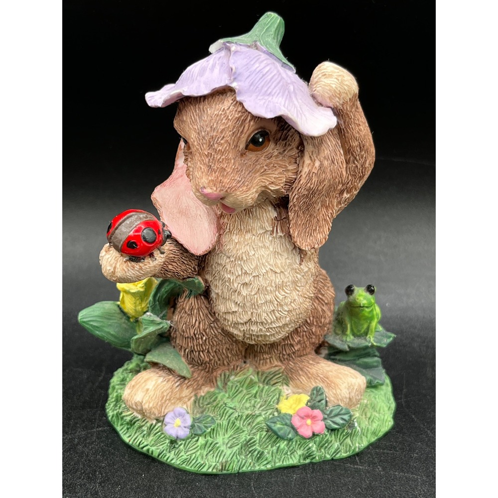 Kmart Resin Bunny Rabbit Purple Flower Hat Ladybug Frog Spring Easter Nursery 4"